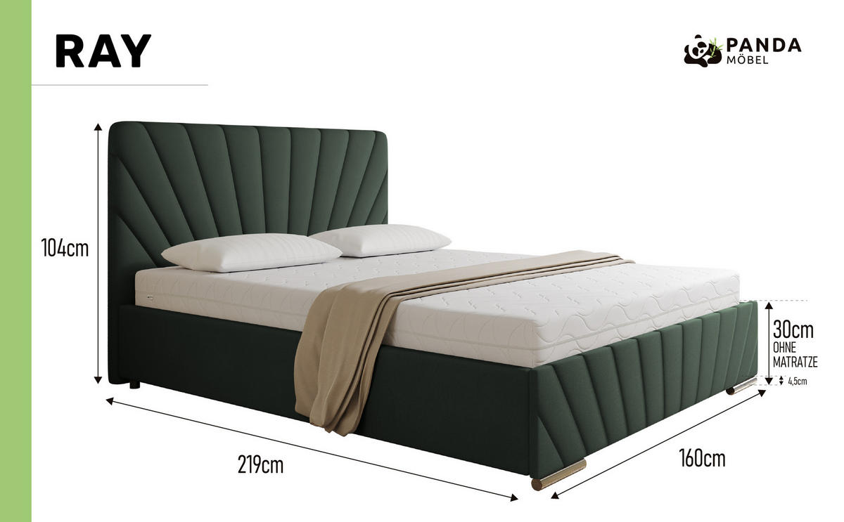 POLSTERBETT Ray 160 x 200 cm mit Bettkasten und Lattenrost taschenfederkernmatratze mit kokos 20cm- grün - Grün, Holz (160/200cm) - Panda Möbel