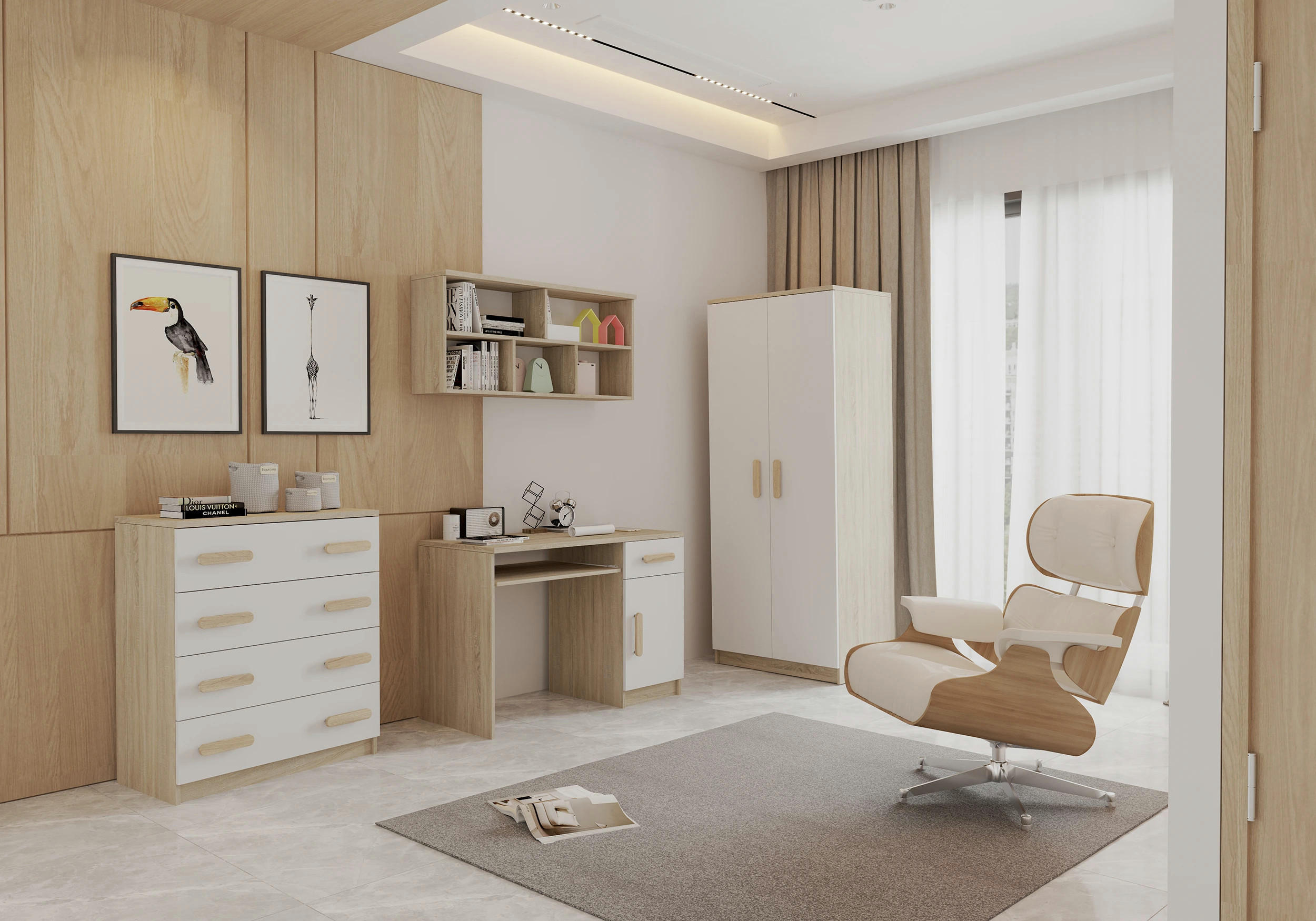 JUGENDZIMMER Elora in Eiche und Weiß – 4-teiliges Set mit Schreibtisch, Kommode, Wandregal und Schrank – Grifffarbe Sonoma Eiche - Braun, Holzwerkstoff (80/200/120cm)