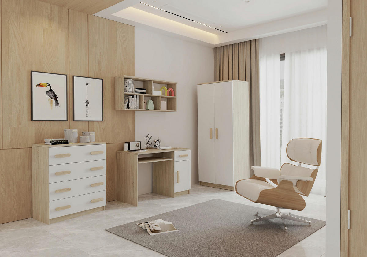 JUGENDZIMMER Elora in Eiche und Weiß – 4-teiliges Set mit Schreibtisch, Kommode, Wandregal und Schrank – Grifffarbe Sonoma Eiche - Braun, Holzwerkstoff (80/200/120cm)