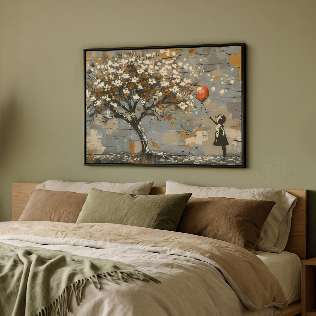 LEINWAND Bilder mit Rahmen - Baum - Graffiti - Banksy-Stil - Ballon-Mädchen - 80x60 - Blaugrau, Textil (80/60cm) - MuchoWow
