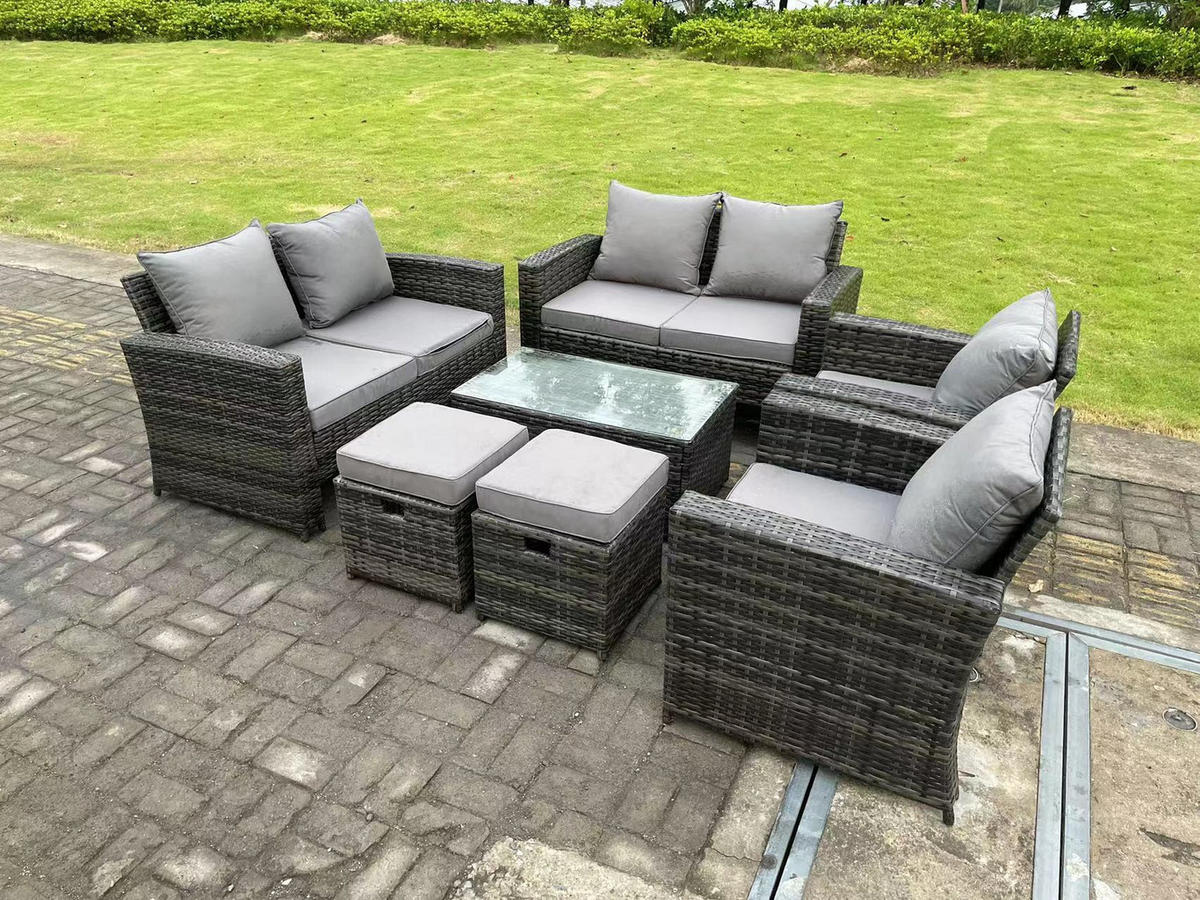 GARTENMÖBELSET mit 2 kleinen Hockern Polyrattan Dunkelgrau 8-Sitzer - Dunkelgrau, Metall - Fimous