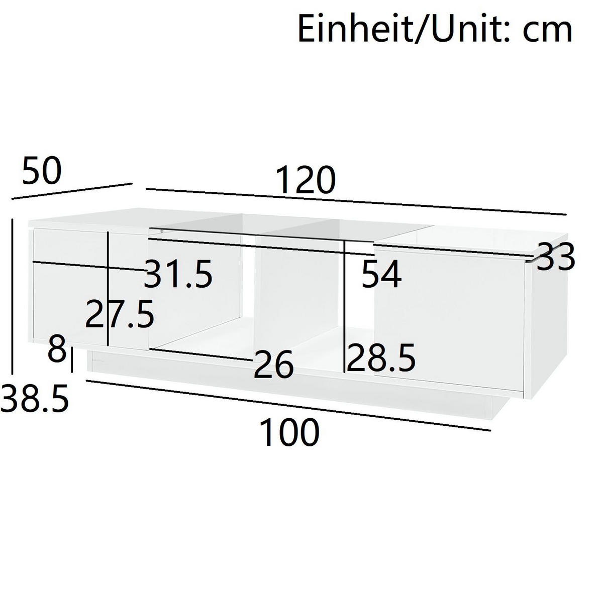 COUCHTISCH, Weiß Hochglanz/Matt mit Glasplatte und LED (16 Farben), integrierter Stauraum, 120/50/38,5 cm, Weiß - Weiß, Holzwerkstoff (120/50/38.5cm) - Redom