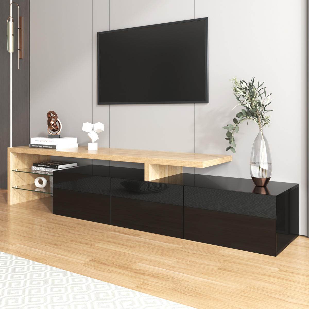 TV-ELEMENT mit LED 197,5 cm Schwarz Holzoptik - Schwarz, Glas (39/42/197.5cm) - Beauniv
