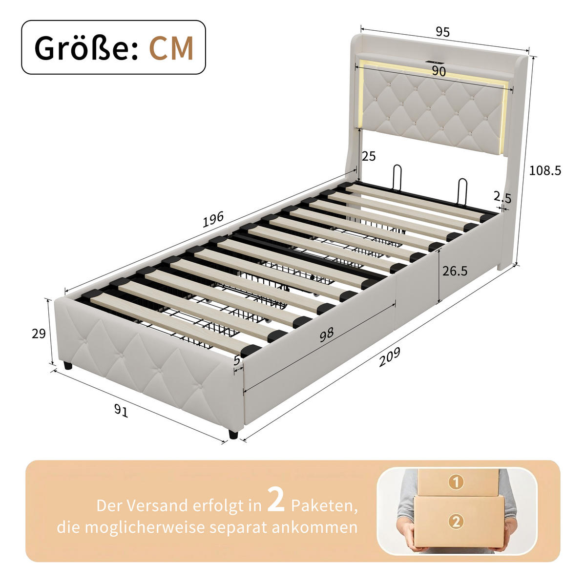 POLSTERBETT 90x200 cm, Einzelbett mit 2 Schubladen, LED & USB/Type-C, Flauschstoff in Beige - Beige, Holz (90/200cm) - BRILVERDE