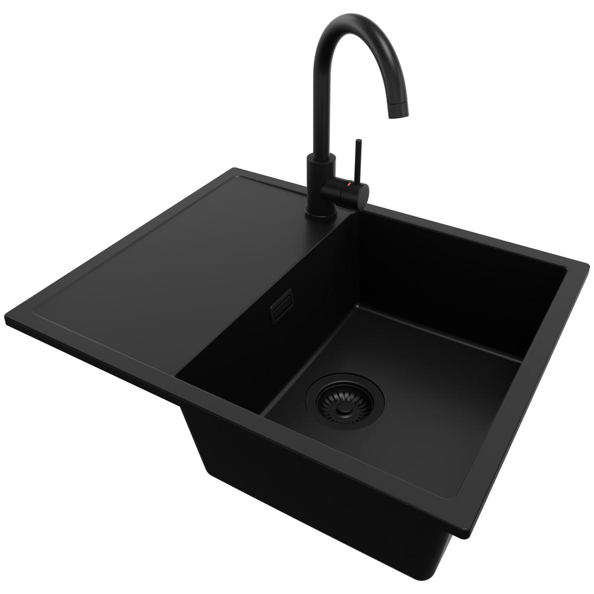 GRANITSPÜLE Ibiza, 2-er set Alles Schwarz 62/50 cm 1 Becken + Küchenarmatur 32/20 cm + Ablauf-Set ab 45er Unterschrank - Schwarz, Kunststoff (62/19/50cm) - Primagran