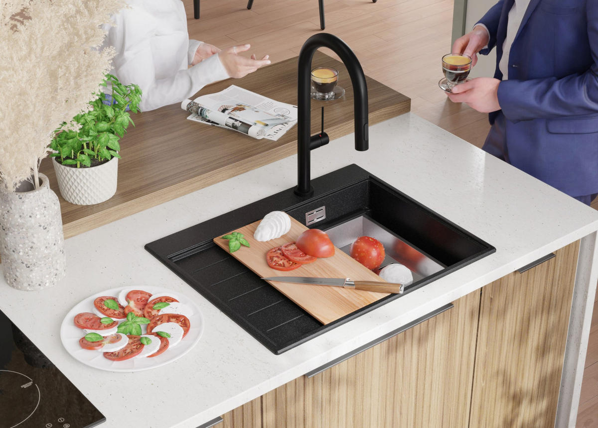 SPÜLBECKEN Sydney, 2-er set Anthrazit 62/50 cm 1 Becken + Ablauf-Set + Küchenzubehörset ab 40er Unterschrank - Chromfarben/Anthrazit, Kunststoff (62/20/50cm) - Primagran