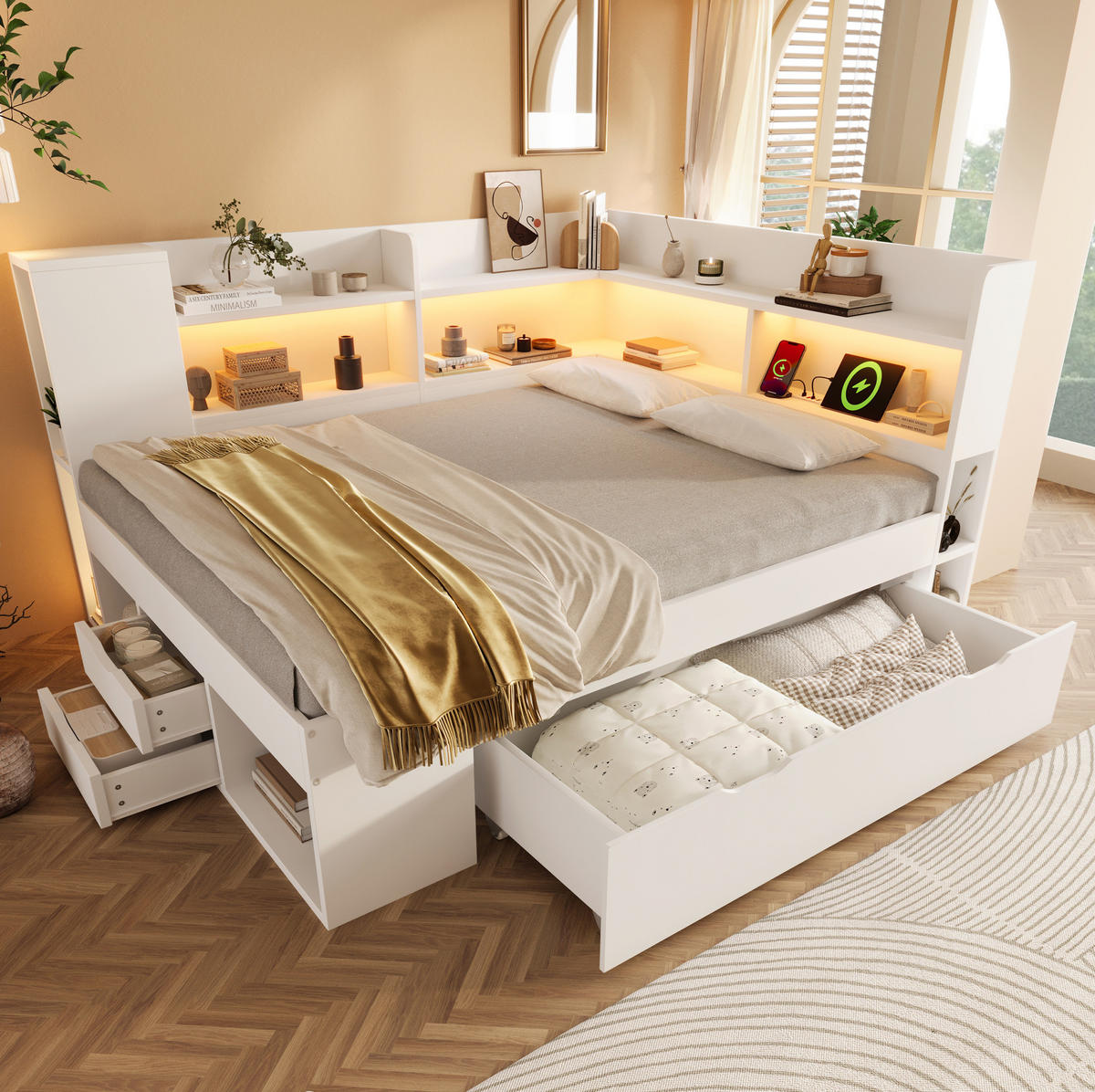 DENNÁ posteľ 140/200 cm biela s LED osvetlením úložným priestorom a USB nabíjaním z MDF a drevotriesky - biela, textil (140/200cm) - OKWISH