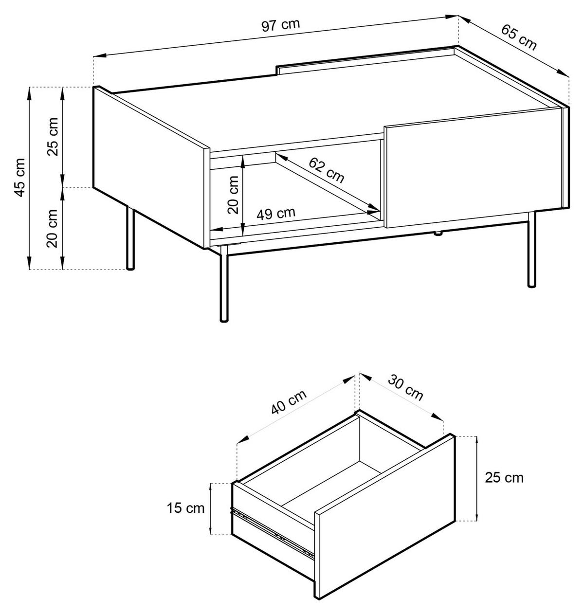 COUCHTISCH Color Kaschmir / Eiche Linea 97 / 65 / 45 cm - Creme, Holz/Holzwerkstoff (65/97/45cm) - Feldmann-Wohnen