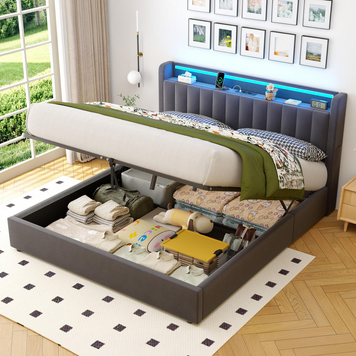POLSTERBETT 180/200 cm in Grau, mit Bettkasten, Matratze, Stauraum, USB und LED Beleuchtung - Grau, Holzwerkstoff/Textil (180/200cm) - WISHDOR