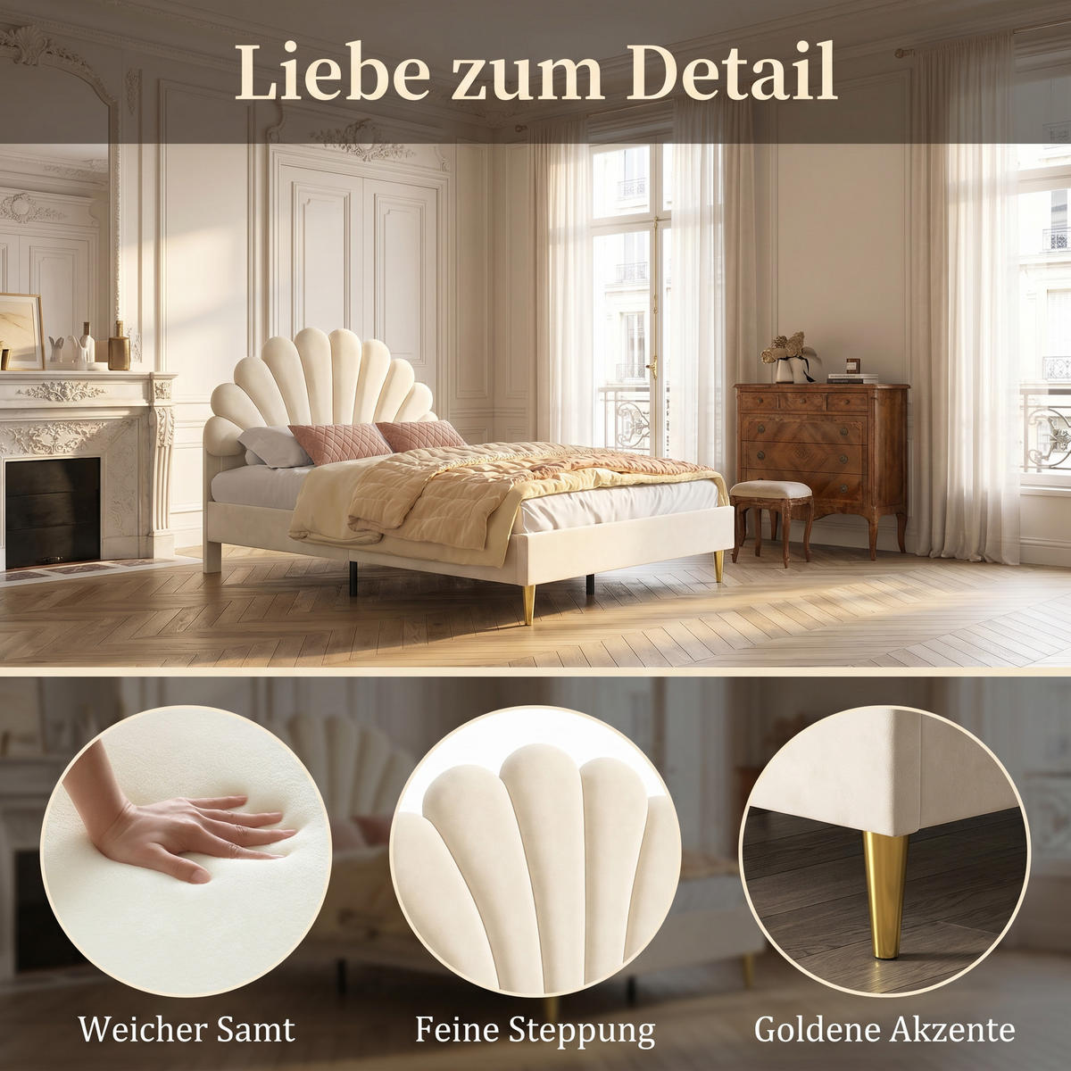 KINDERBETT Polsterbett 140x200 cm, mit geblümtem Kopfteil und Lattenrost, Samt Doppelbett, Beige - Beige, Holz/Holzwerkstoff (140/200cm) - BursDany