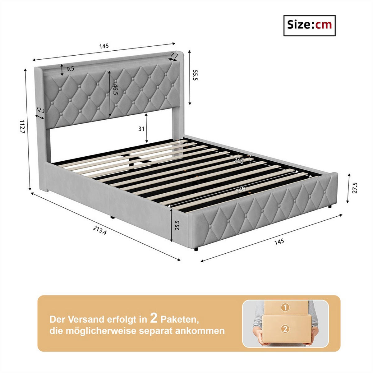 POLSTERBETT 140x200 cm mit hydraulischem Stauraum - Kopfteil Regal & LED - USB - ohne Matratze - Grau - Grau, Textil (140/200cm) - DELFA