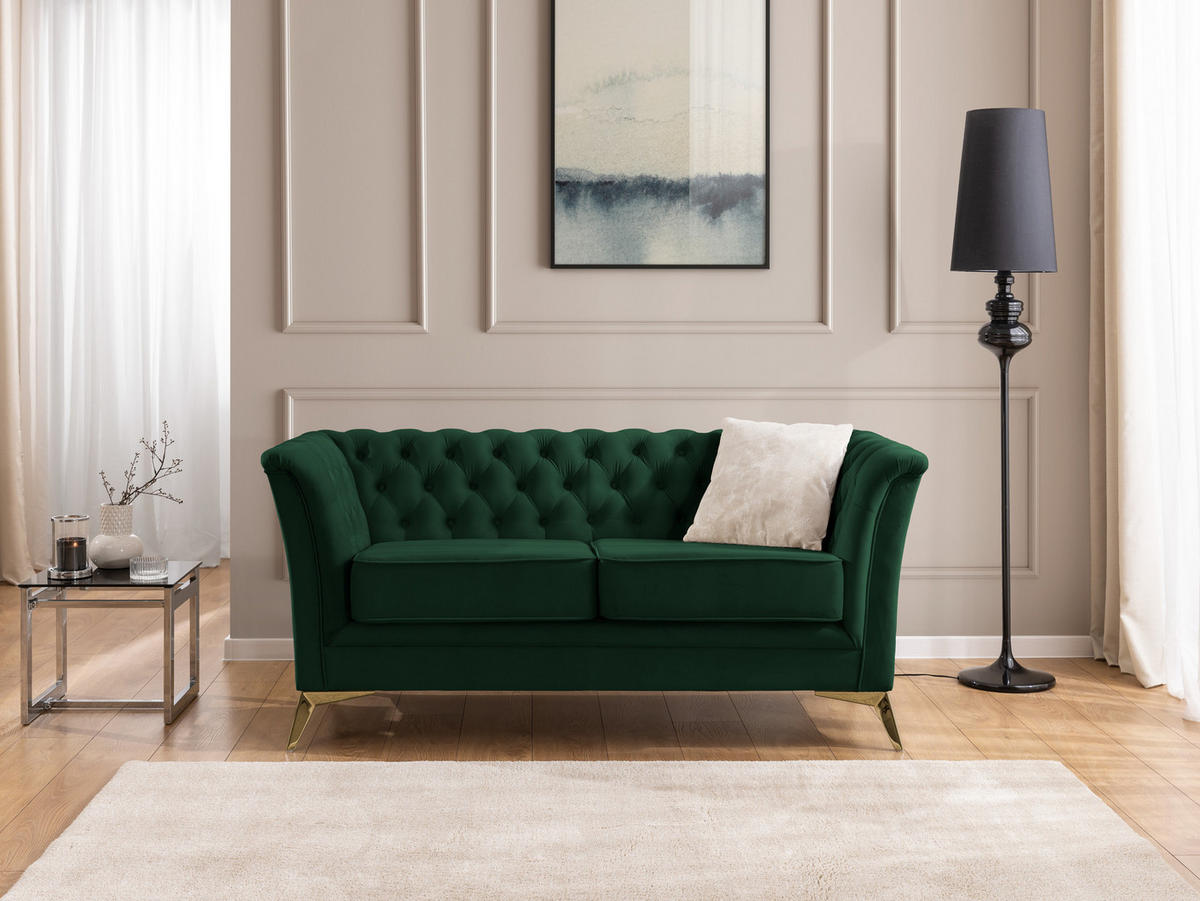 SITZGARNITUR 3+2+1 Chesterfield Whitby Flaschengrün Samt mit goldenen Füßen - Dunkelgrün/Goldfarben, Holz/Textil (237/78/82cm) - S-Style Möbel