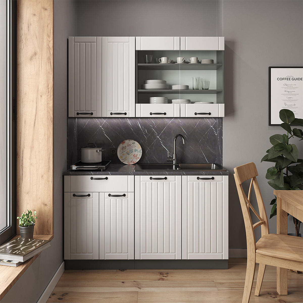 SINGLEKÜCHE Fame-Line Weiß Landhaus/Anthrazit 140 cm, AP Eiche - Anthrazit/Creme, Holzwerkstoff (140/81.6/60cm) - Vicco