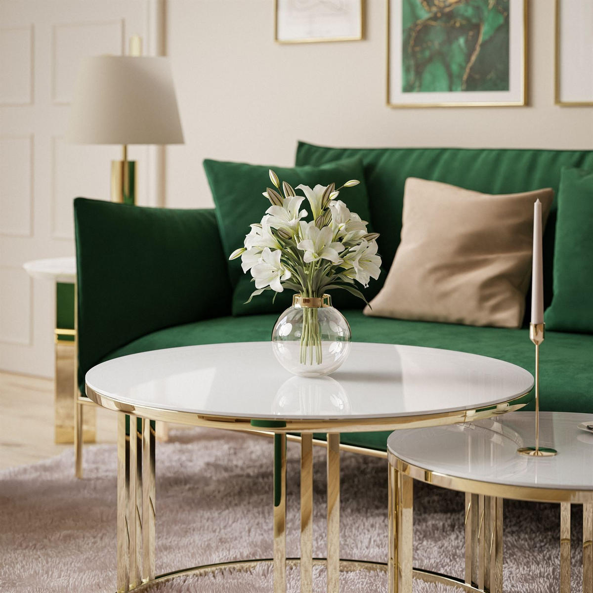 COUCHTISCH 2 in 1 LORI GLASS verchromt gold - Goldfarben/Weiß, Glas (70/70/48cm) - Lookway