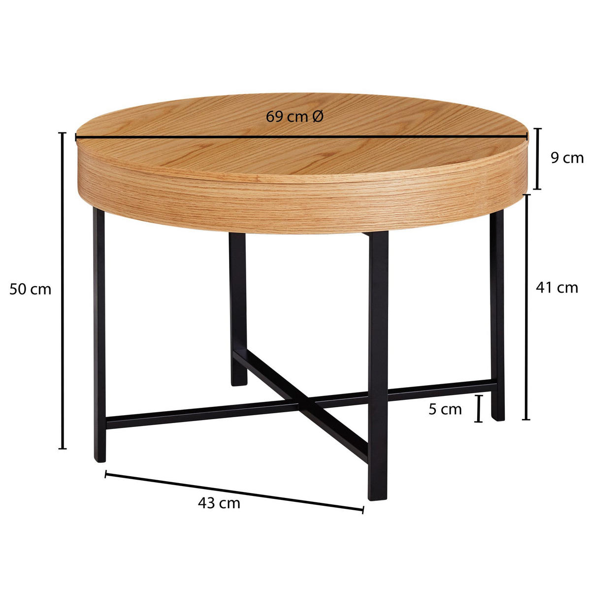 COUCHTISCH in Holzoptik mit Metallbeinen, Rund, Stauraumfunktion, Maße 69x49x69 cm - Schwarz/Braun, Holz/Metall (69/69/49cm) - KADIMA DESIGN