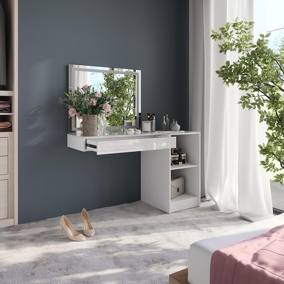 SCHMINKTISCH Sherry Weiß/Weiß Hochglanz 120 cm 3 Teile - Weiß Hochglanz, Holzwerkstoff (120/76/50.1cm) - Vicco