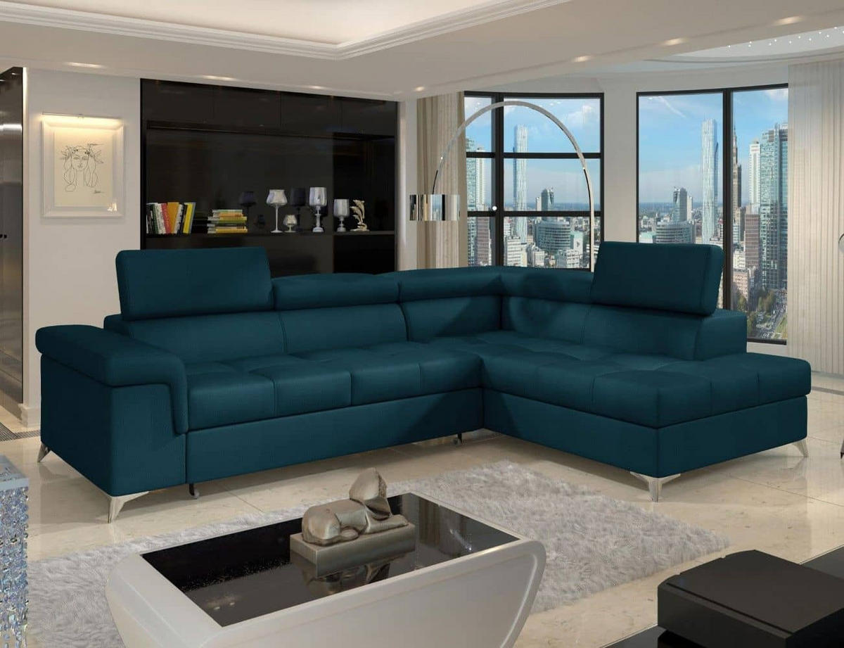 ECKSOFA mit Schlaffunktion und Bettkasten, pflegeleichter Monolith-Stoff - Chromfarben/Dunkelblau, Textil/Metall (202/275cm) - Eltap