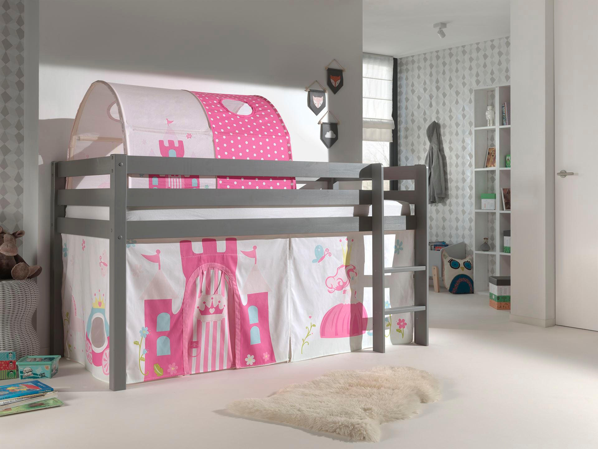 KINDERBETT Karolina 210x114x106 Massivholz Grau Textilset Princess 2 - Magenta/Grau, Holz (90/200cm) - 58aufmkessel