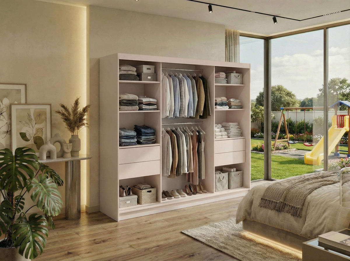 SCHWEBETÜRENSCHRANK mit Schubladen 240 - DUBROWNIK - Kaschmir mit Spiegel - Kaschmir/Alufarben, Holzwerkstoff/Metall (240/216/61cm) - MKS