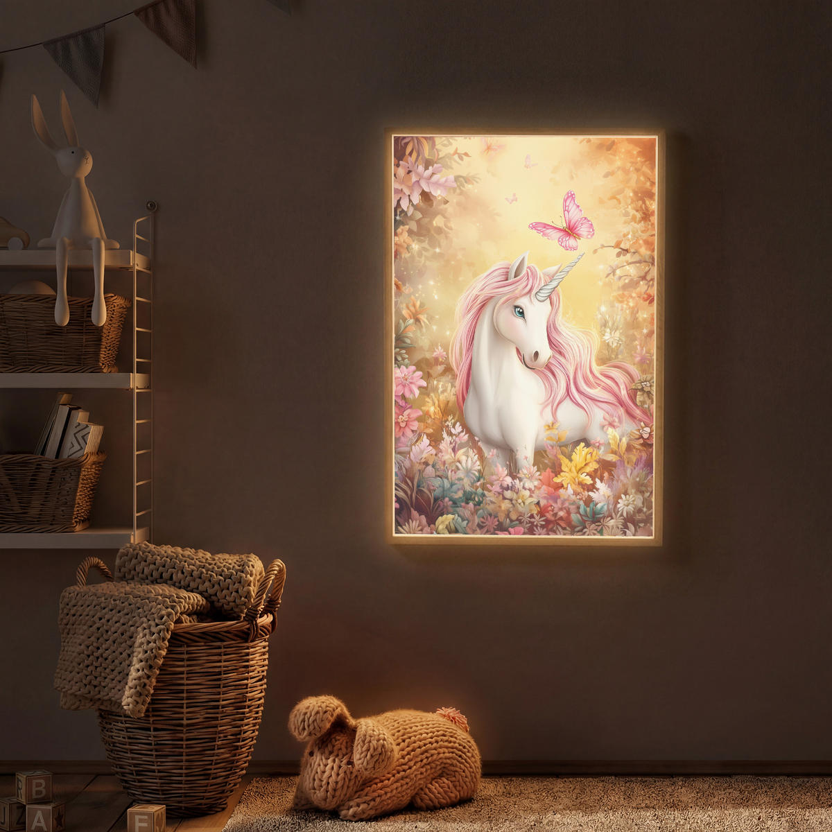 DOBÍJECÍ NOČNÍ LAMPIČKA Jednorožec - Květiny - Motýl - Růžová 60x90 cm - béžová, kompozitní dřevo (8/60/90cm) - OnlyWow