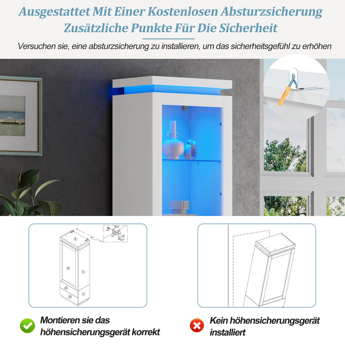 VITRINE in Weiß Hochschrank mit LED-Beleuchtung und 2 Schubladen für Wohnzimmer, B60/T40/H171cm - Transparent/Weiß, Glas/Holzwerkstoff (60/171/40cm) - STILVORA