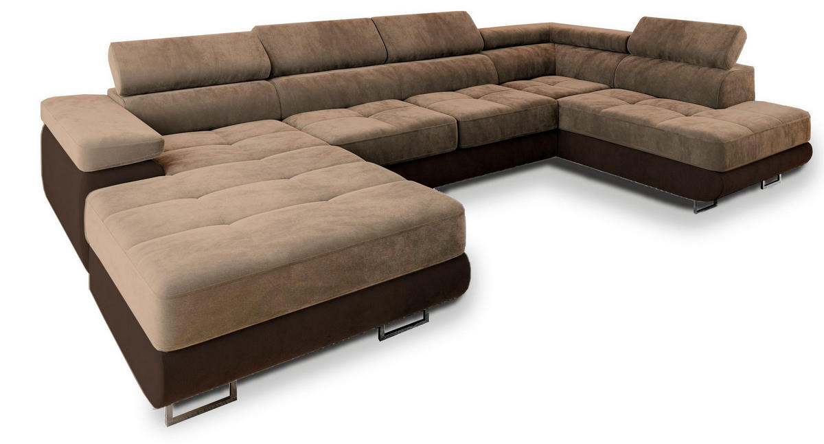 WOHNLANDSCHAFT CASONE R-S Beige Velours-Stoff mit Schlaffunktion - Beige, Holz (345/90/202cm) - MASSENO