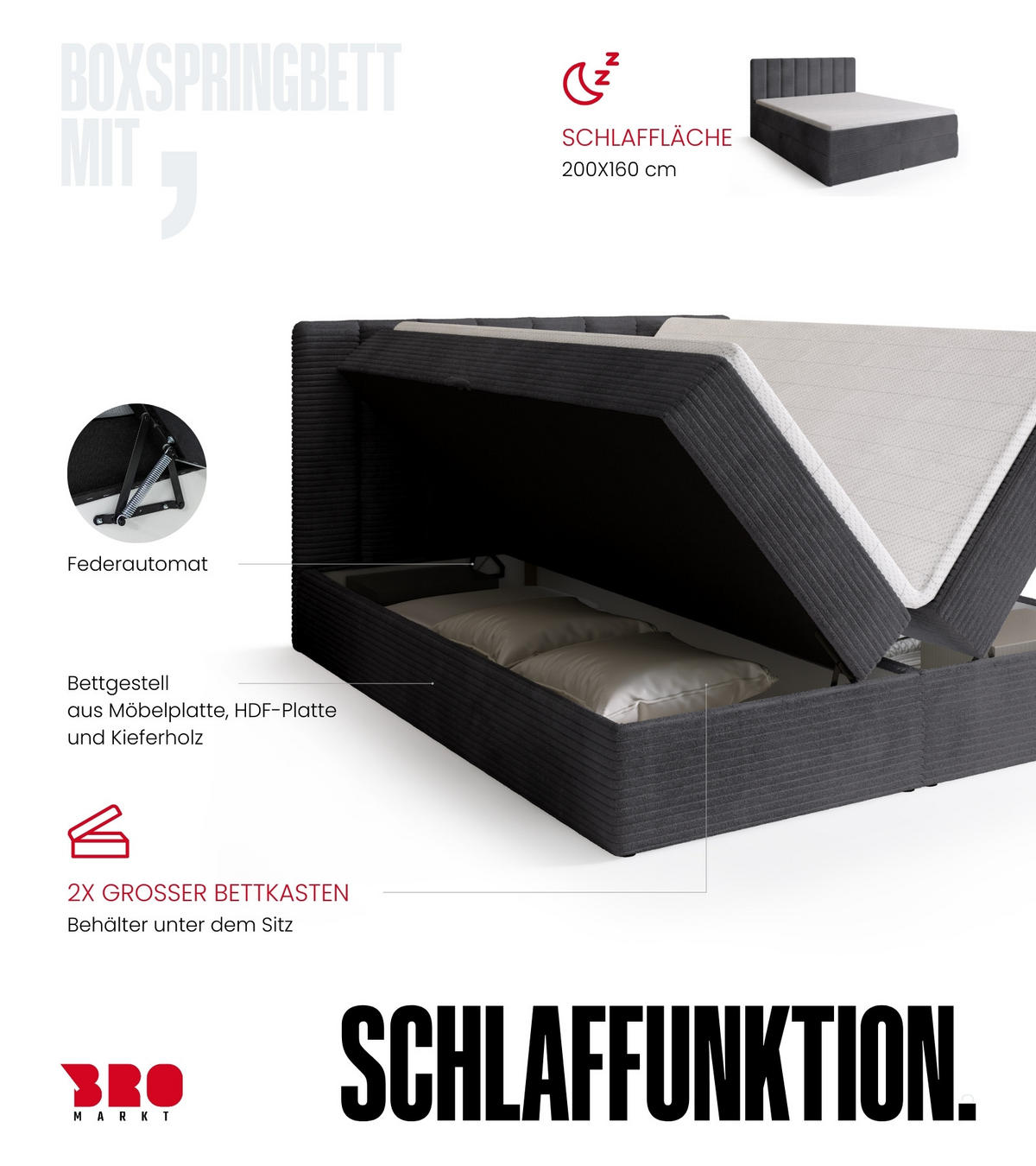 BOXBETT DENVER mit Topper 160x200 Dunkelgrau - Dunkelgrau, Textil (160/200cm) - Bromarkt