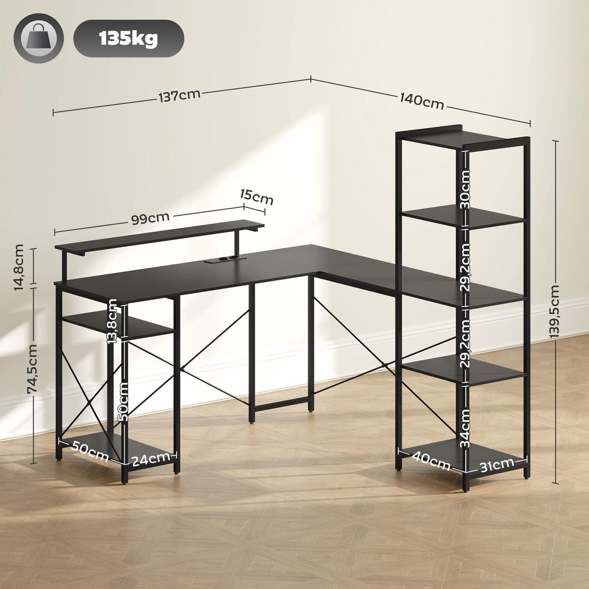 GAMING-TISCH L-förmig, Schreibtisch mit Steckdose, USB, 137 x 140 x 139,5 cm Schwarz - Schwarz, Holzwerkstoff (140/137/139.5cm) - HOMCOM