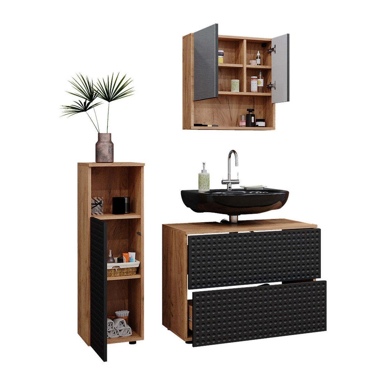 BADMÖBEL-SET Irma Anthrazit gepunktet 3 Teile, mit Midischrank - Anthrazit/Eiche Wotan, Holzwerkstoff (80/58.6/41cm) - Vicco