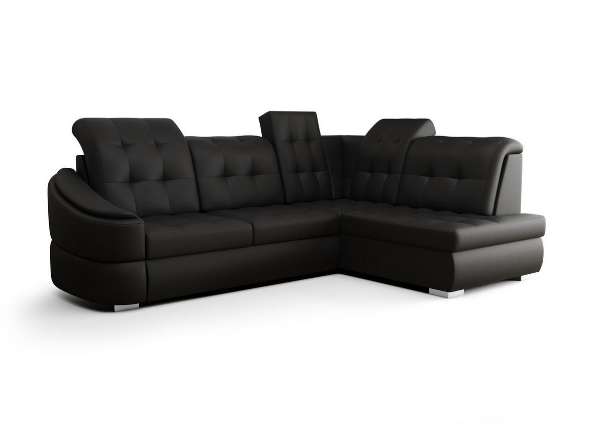 ECKSOFA KONGO RBN09, Eckcouch in L-Form mit Schlaffunktion, Farbe: Schwarz, Kunstleder, Ottomane Rechts - Schwarz, Textil (260/180cm) - O-Sofa