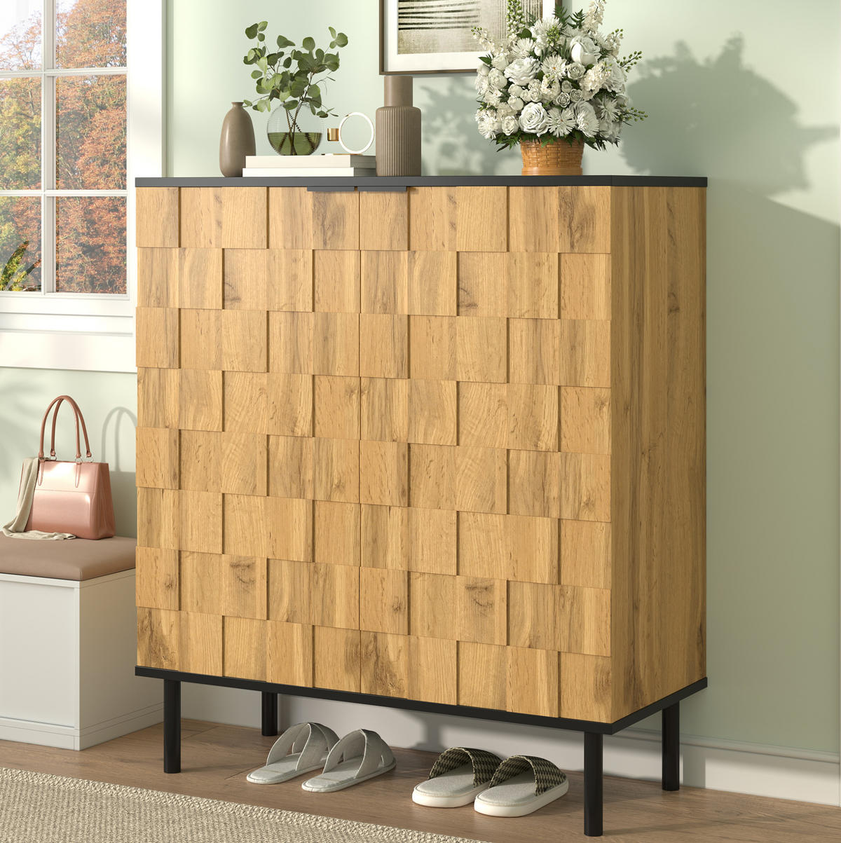 SCHUHSCHRANK 80/35/91,5 cm in Natur mit 2 Türen und höhenverstellbaren Böden - Naturfarben, Holzwerkstoff (80/91/35cm) - BEAOK