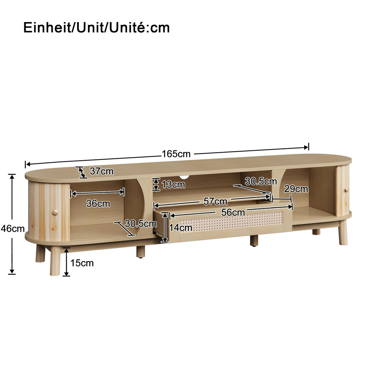 TV-SCHRANK 165 cm Natur MDF mit Rattan-Schublade, Schiebetüren & Stauraum - Naturfarben, Holzwerkstoff (165/46/37cm) - Urban Meuble