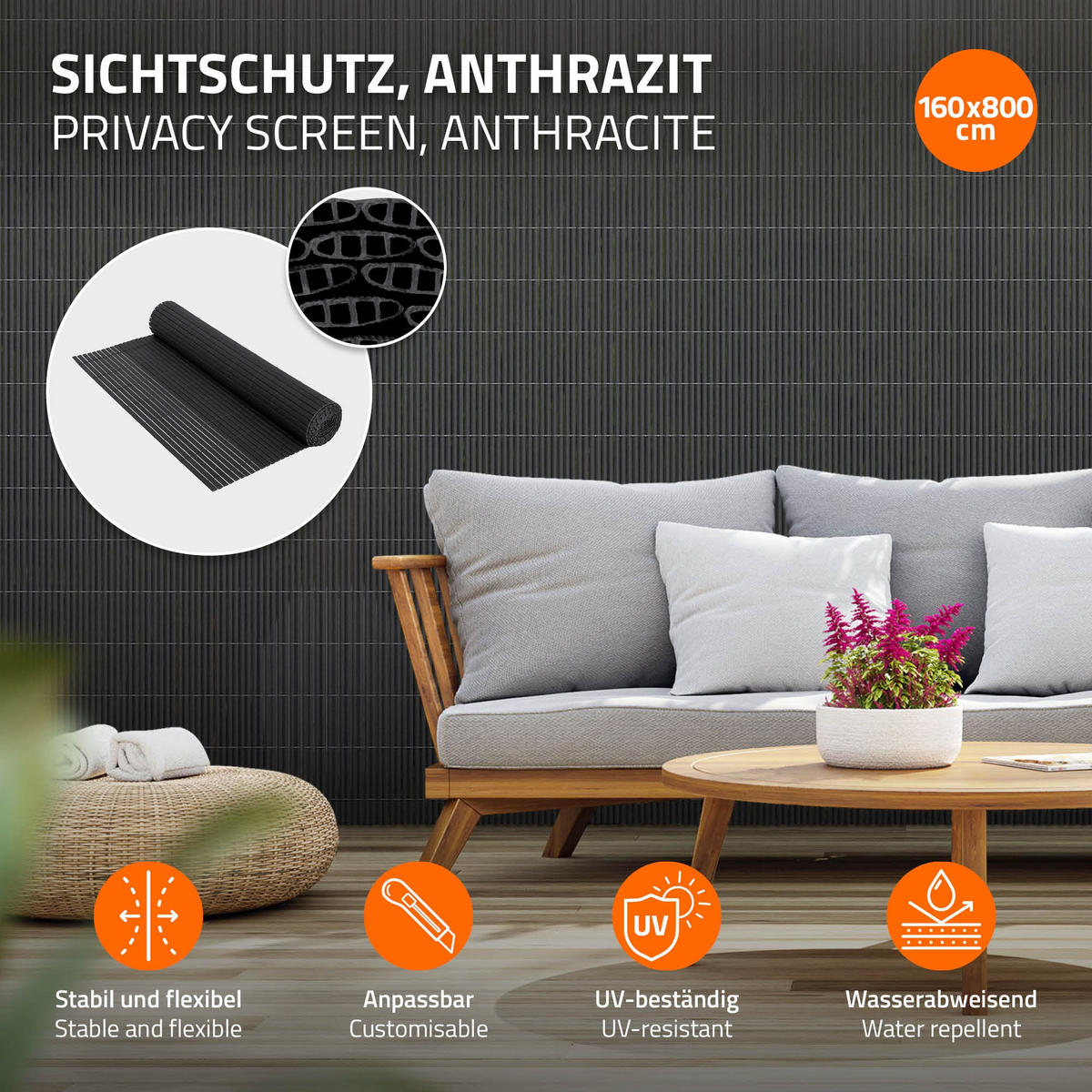 SICHTSCHUTZZAUN 2er Set - Anthrazit, Kunststoff (400/160cm)