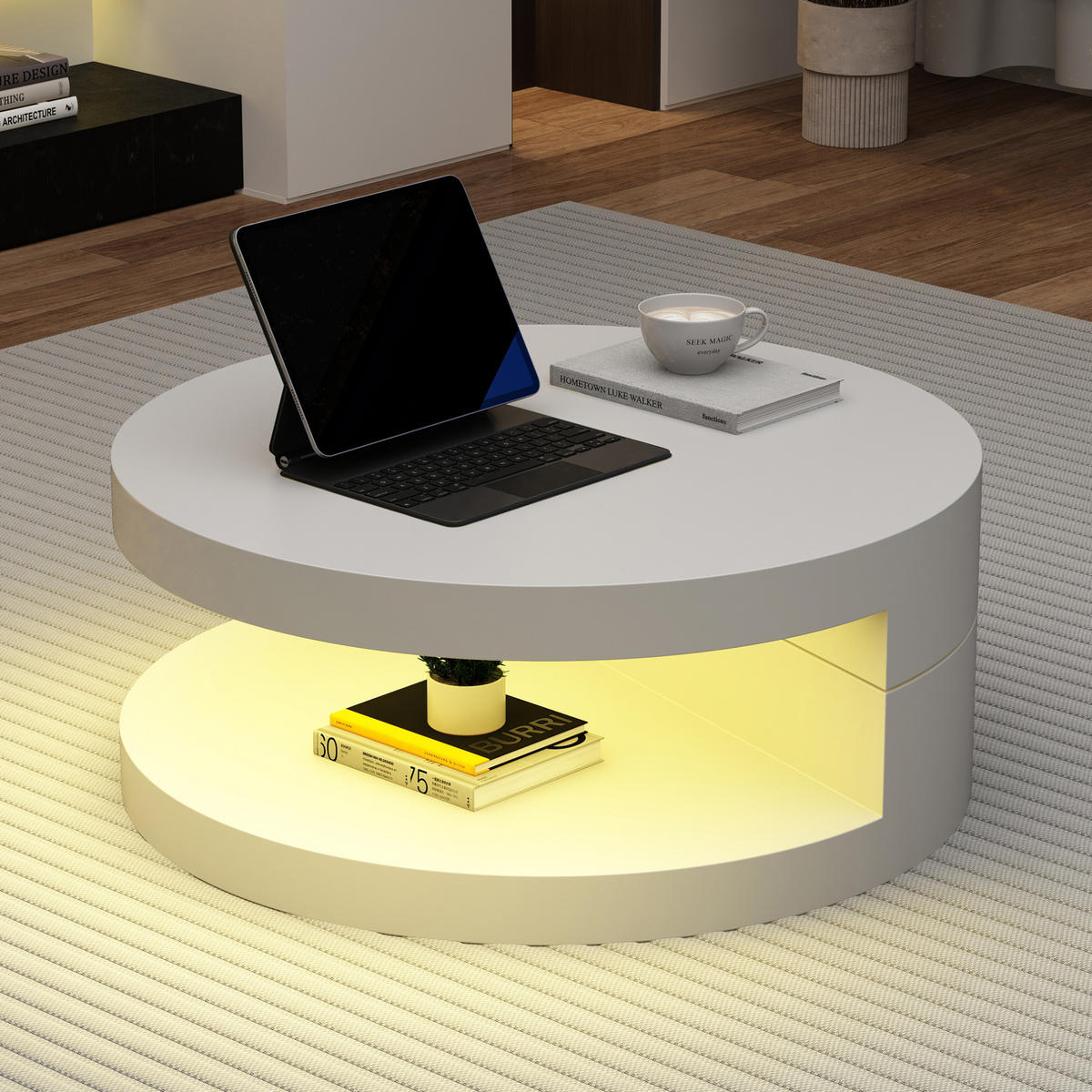 COUCHTISCH 70/70/35,5 cm weiß aus MDF mit drehbarer LED-Tischplatte - Weiß, Holzwerkstoff (70/70/35.5cm) - OKWISH
