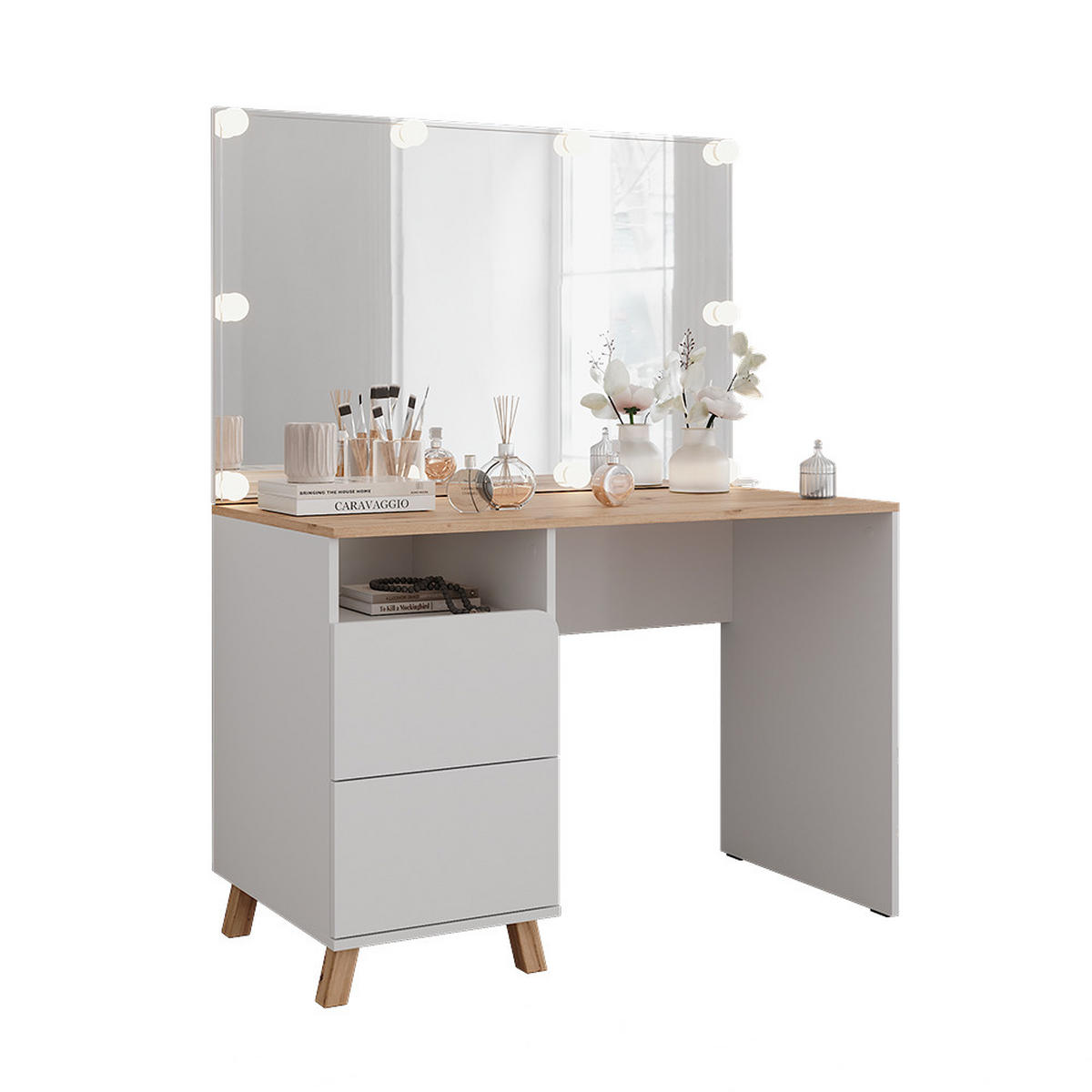 SCHMINKTISCH Karen Weiß/Artisan 110 cm mit LED-Lichterkette - Weiß/Eiche Artisan, Holzwerkstoff (110/75/55cm) - Vicco