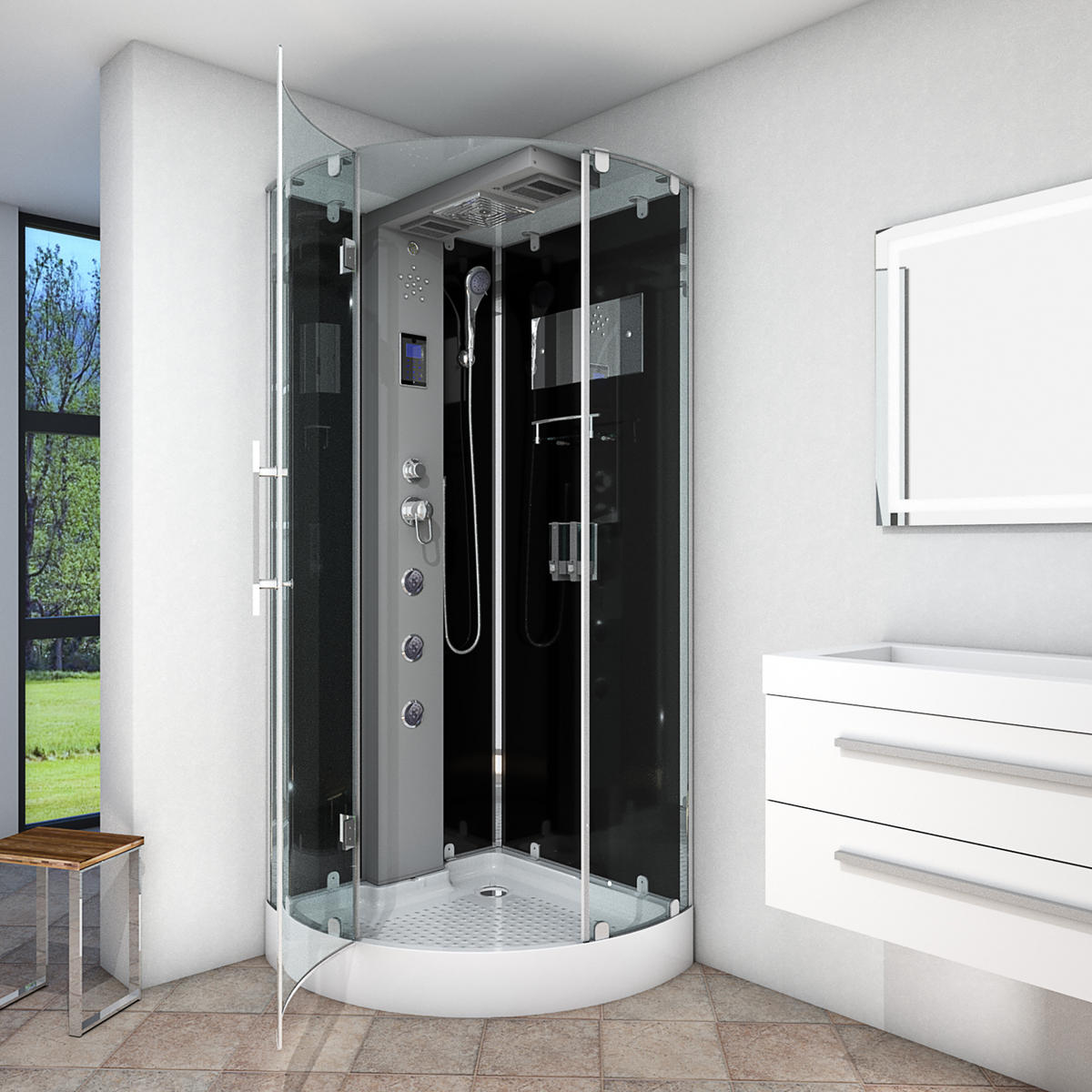 DUSCHKABINE Dusche D37-23L0 Weiß 100x100 - Schwarz, Glas/Kunststoff (100/100/218cm) - AcquaVapore by Sandra Jentho