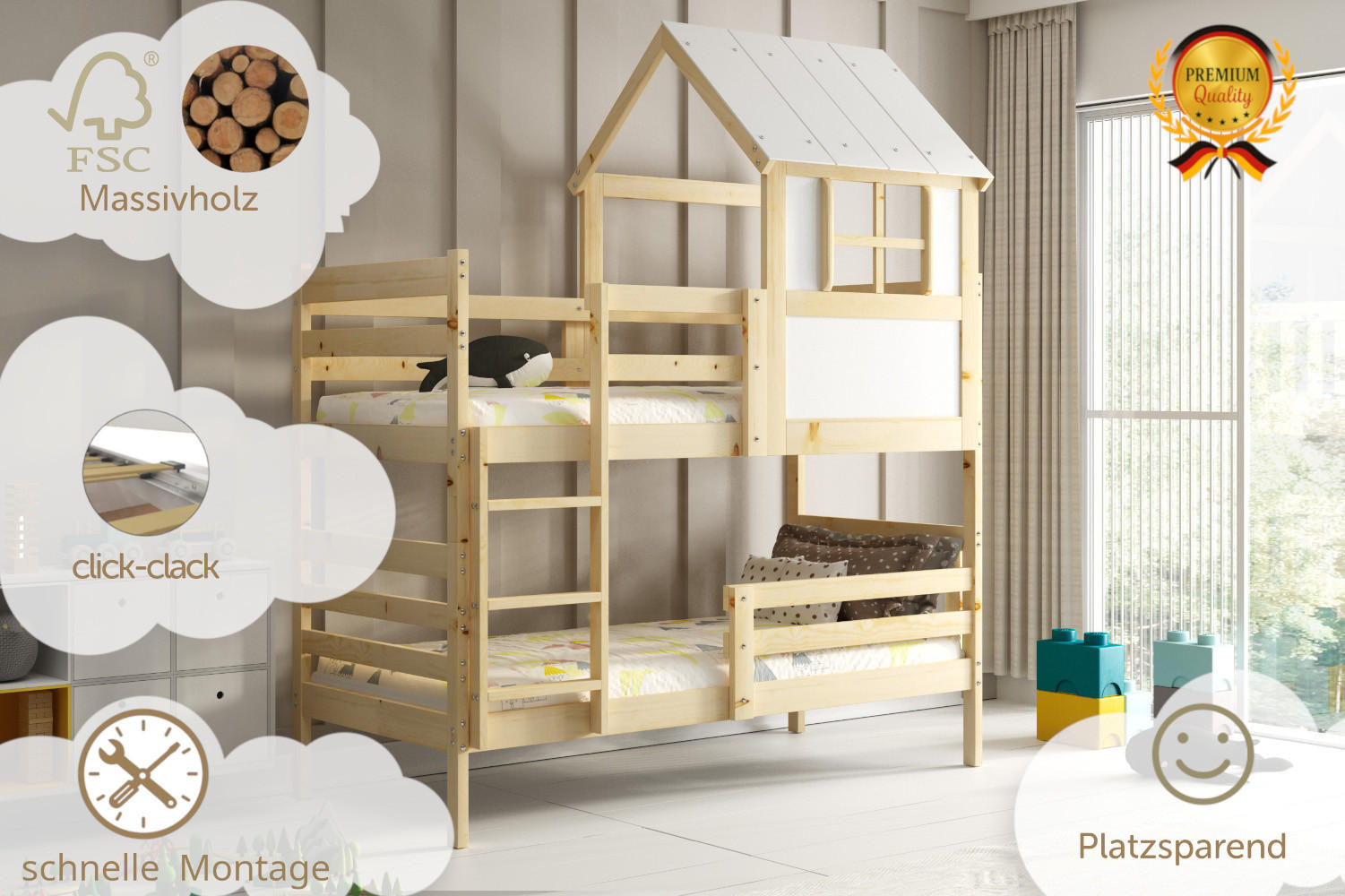 ETAGENBETT ERYK mit Dach und Lattenrost - Kieferfarben, Holz (90/190cm) - Interbeds
