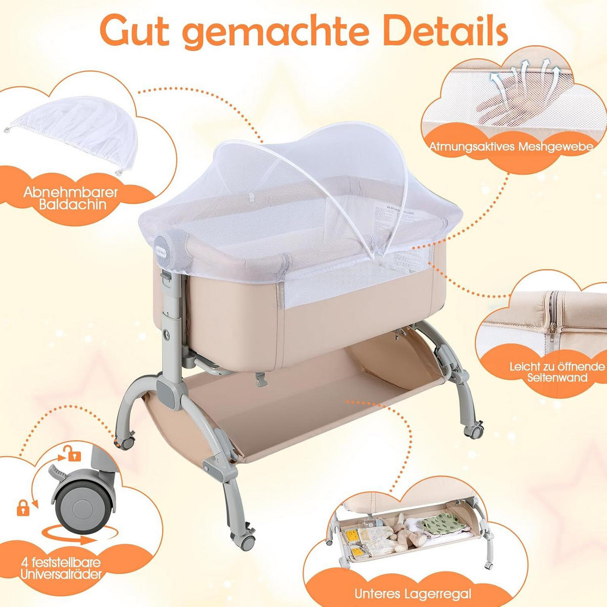 BABYWIEGE mit Matratze beige - Beige, Textil - COSTWAY