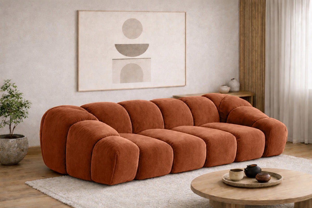 SOFA 3-Sitzer modular, Veloursstoff Bluvel, Zimtfarbe, CROISSANT - Orange, Holz (240/72/115cm) - Kaiser Möbel