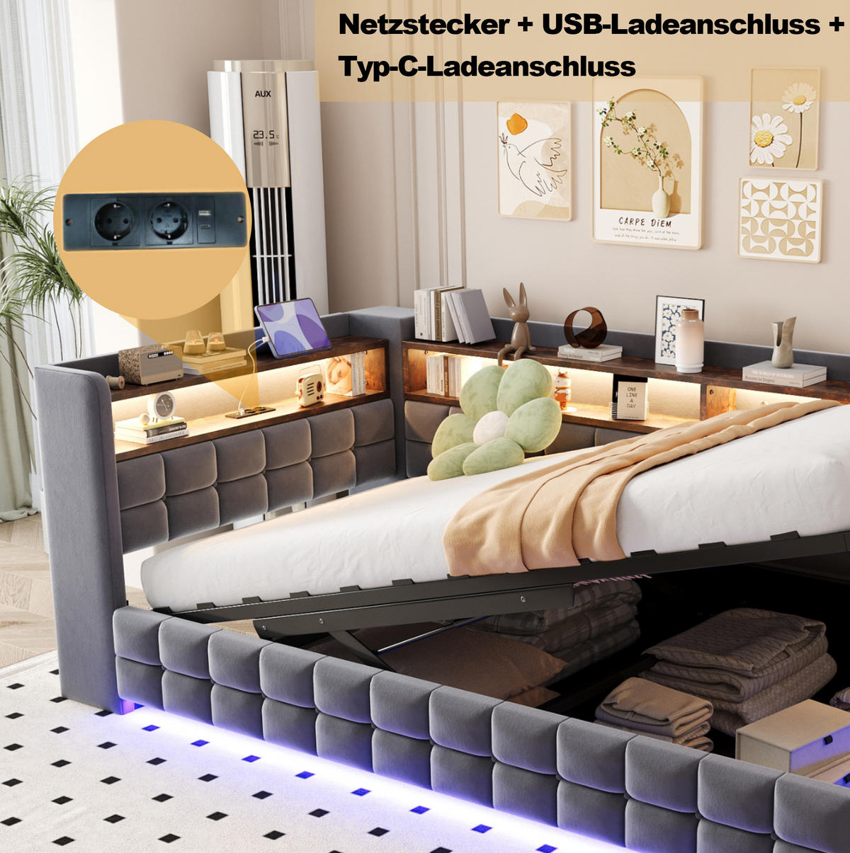 POLSTERBETT 90/200 cm aus Samtstoff mit Stauraum, Grau - Grau, Textil (90/200cm) - OKMYHOME