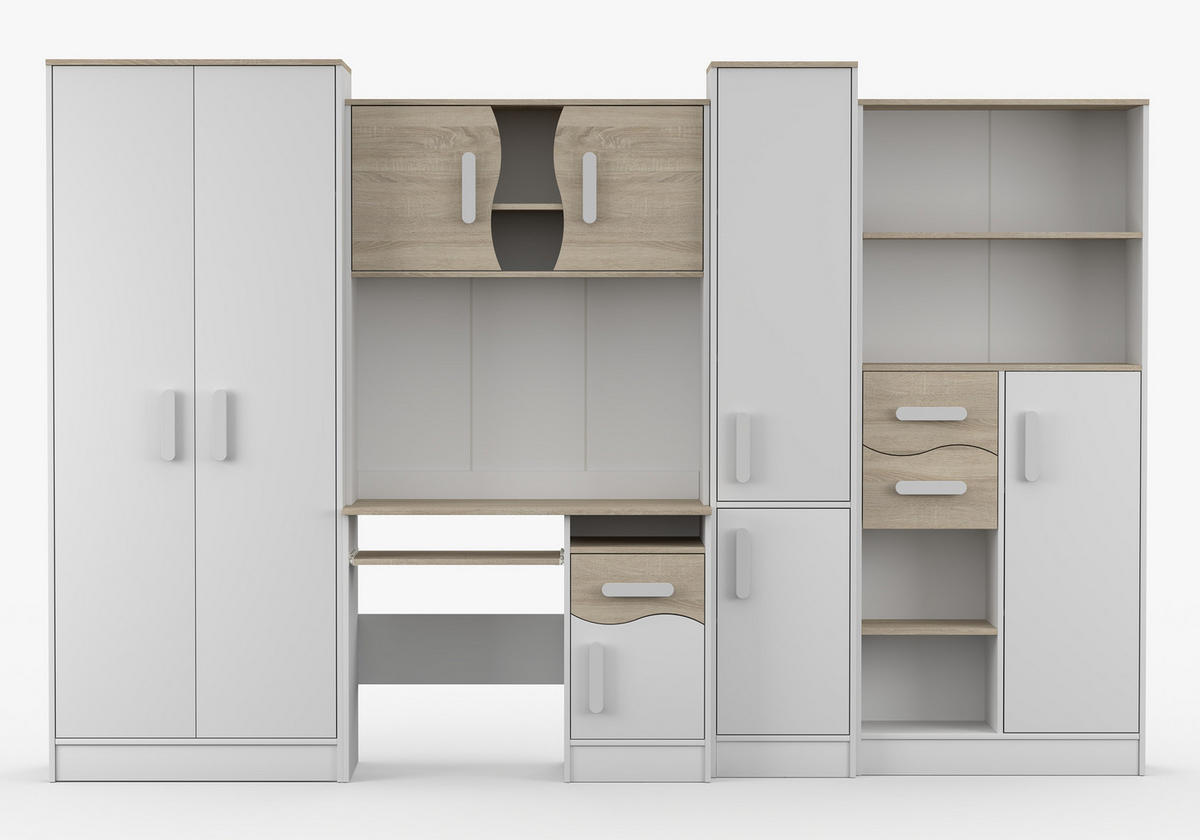 JUGENDZIMMER Wohnwand Colorino in Weiß und Eiche Sonoma – mit weißen Griffen 5 teilig - Kinderzimmer Komplett - Weiß, Holzwerkstoff (80/200/120cm)