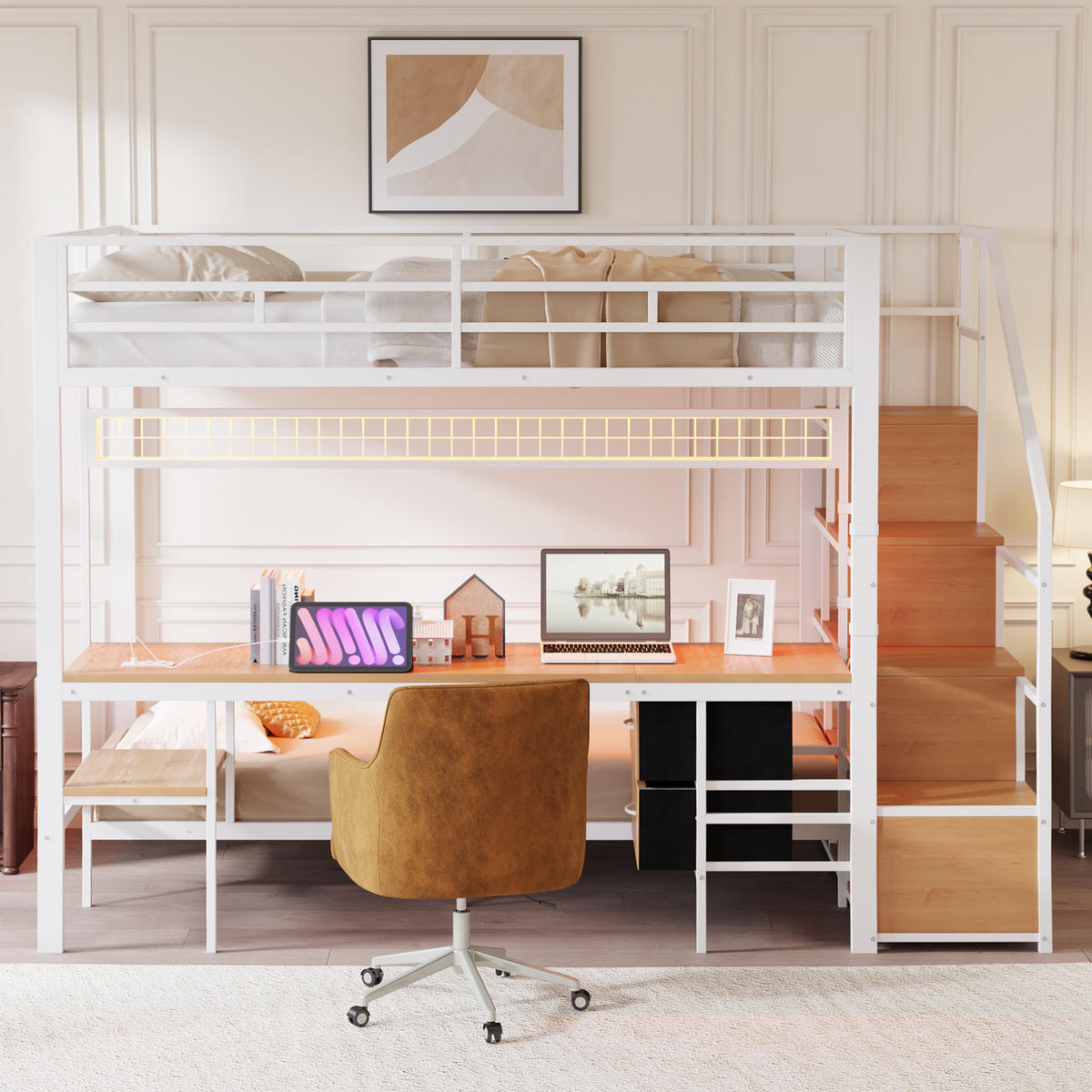 HOCHBETT 140/200 cm weiß aus Metall und Holz mit Schreibtisch LED und Steckdosen - Weiß, Metall (140/200cm) - OKWISH