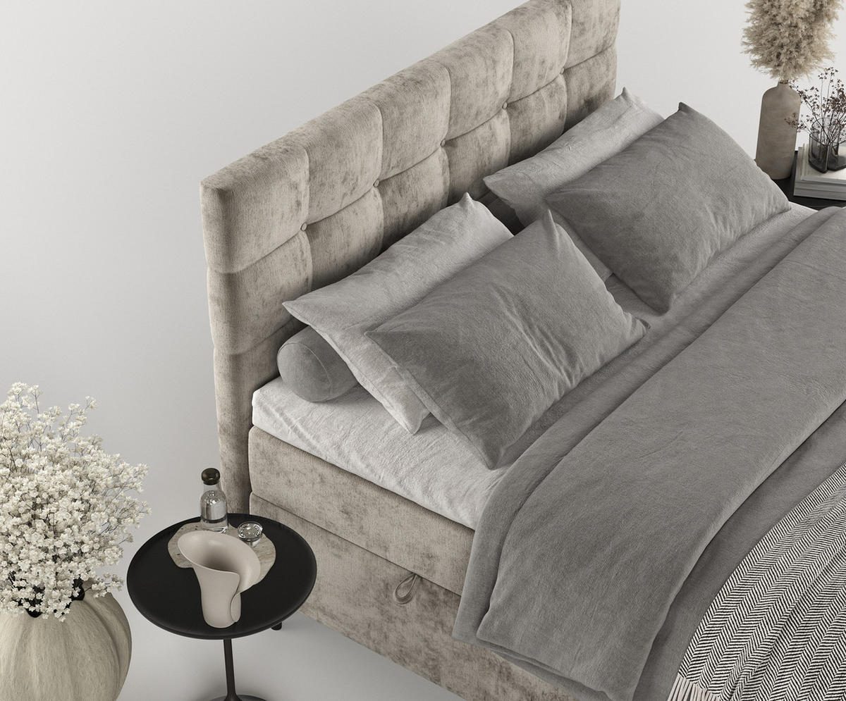 BOXBETT Urbaneo Beige 180/200 cm mit Taschenmatratze und Topper - Beige/Schwarz, Holz/Holzwerkstoff (180/200cm) - Maison de Reve