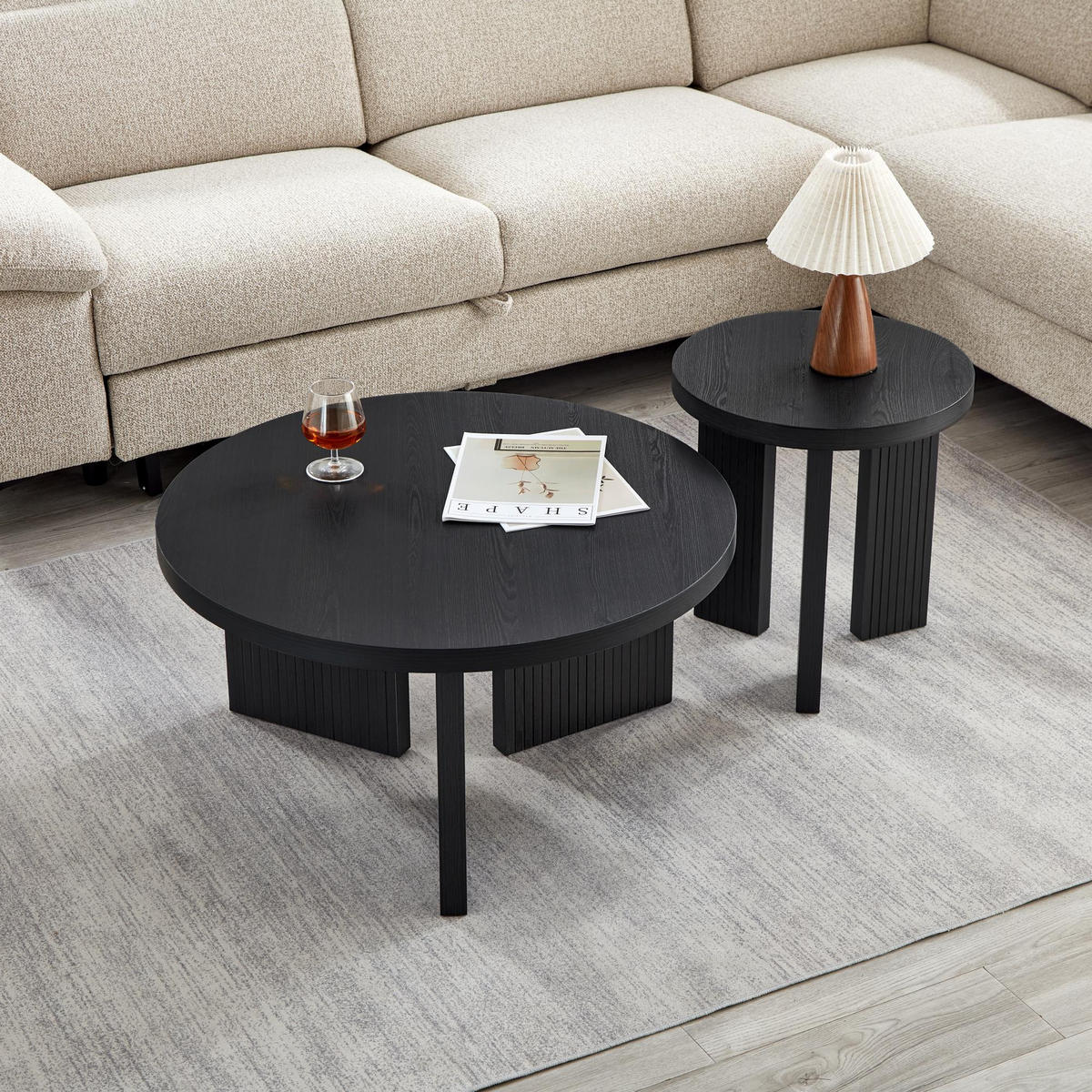 COUCHTISCH rund mit Rillenstruktur Walnussbraun 80/80/42 cm - Schwarz, Holzwerkstoff (80/80/42cm)