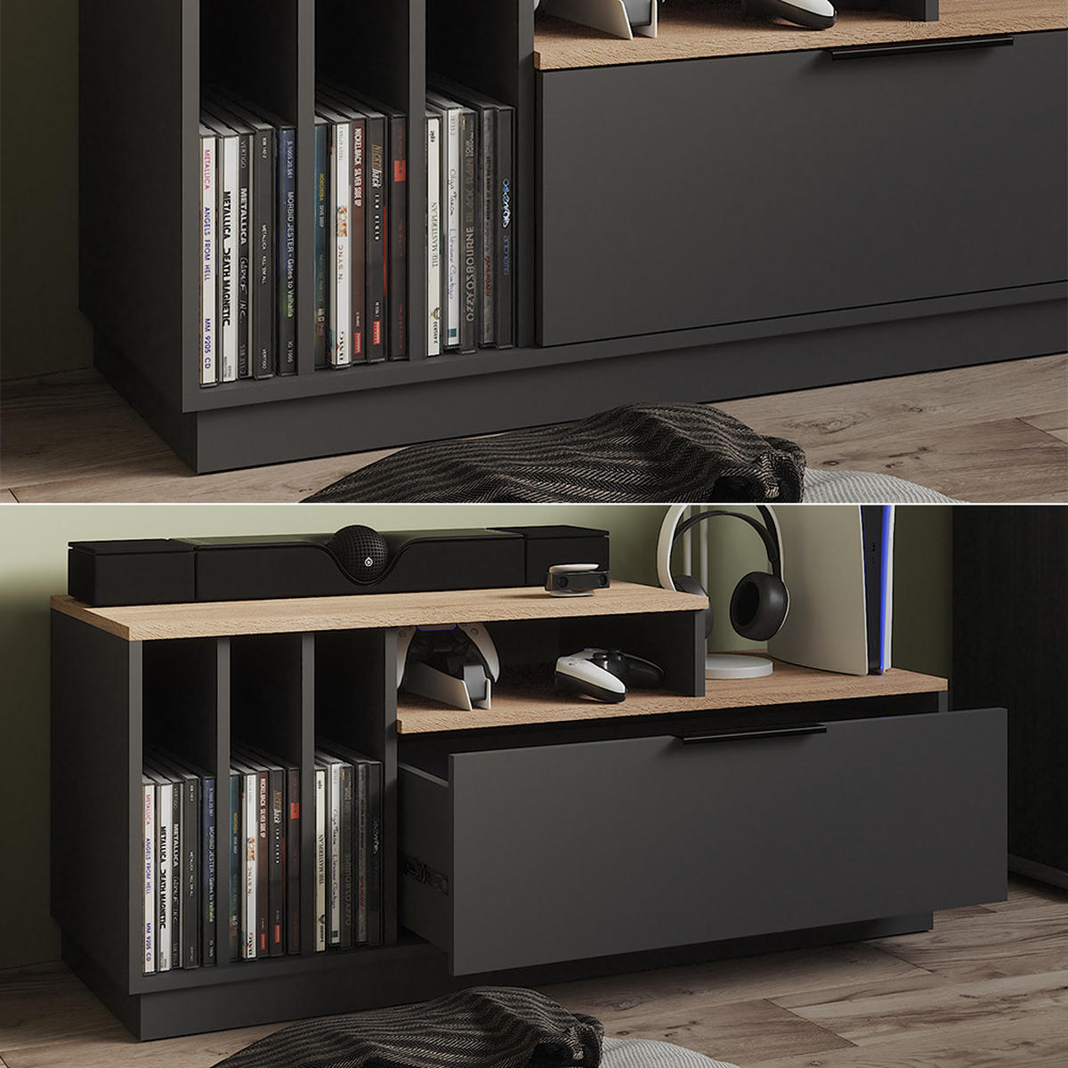 LOWBOARD Betti Anthrazit/Sonoma 120 x 49.9 cm mit 1 Tür - Anthrazit/Sonoma Eiche, Holzwerkstoff (120/49.9/40cm) - Vicco