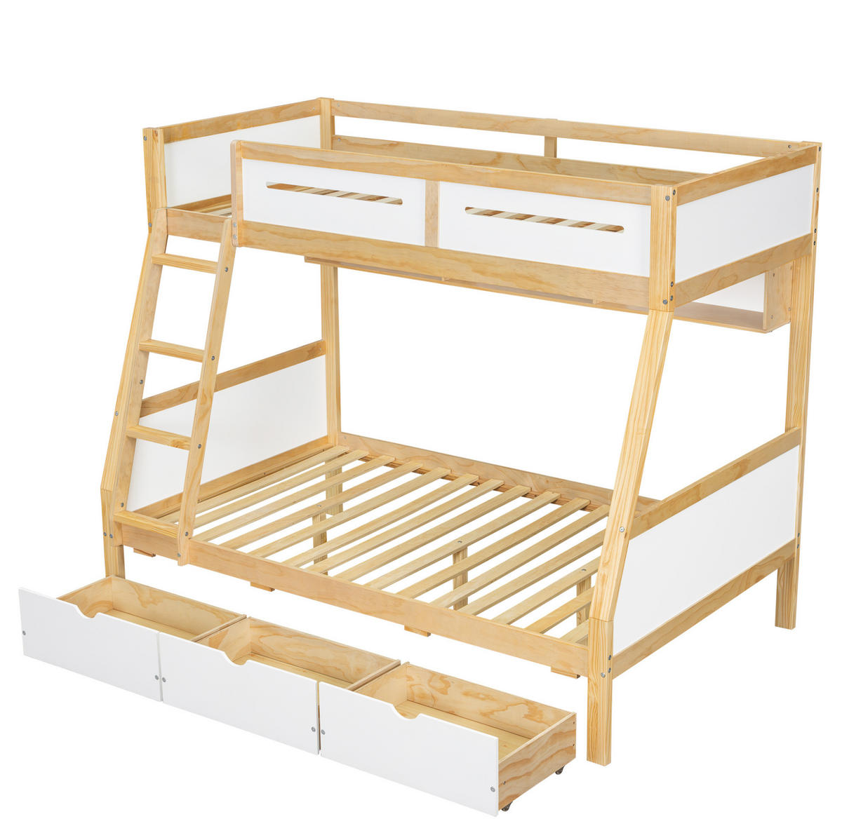 ETAGENBETT aus Kiefer und MDF 90x200/120x200 cm Weiß/Natur mit 3 Schubladen, Bilderbuchständer und Leiter - Weiß, Holzwerkstoff (90/200cm) - Modfu