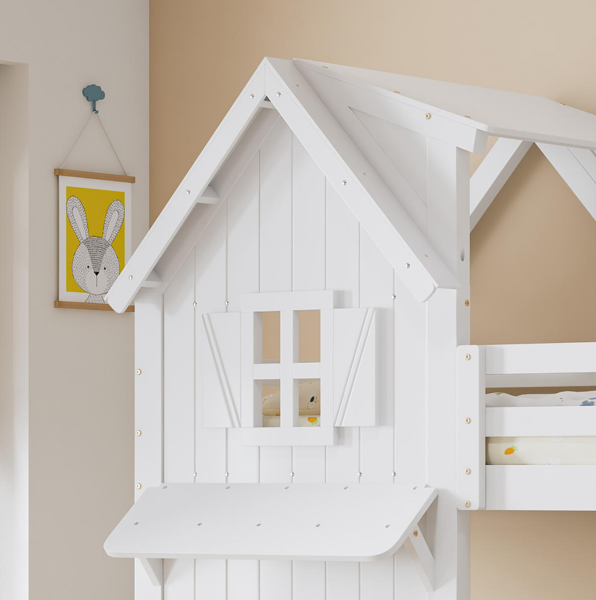 HAUSBETT 90/200 cm Weiß mit Dach, Fenstern und Sicherheitsgeländern - Weiß, Holzwerkstoff (90/200cm) - Flora Grace