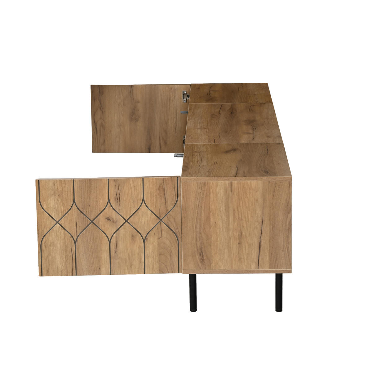 NÍZKÁ SKŘÍŇKA (LOWBOARD) přírodní dřevo a černá, 180 cm, pro TV do 70 palců, 2 dvířka a 4 otevřené přihrádky - přírodní, kompozitní dřevo (180/50/40cm) - Urban Meuble