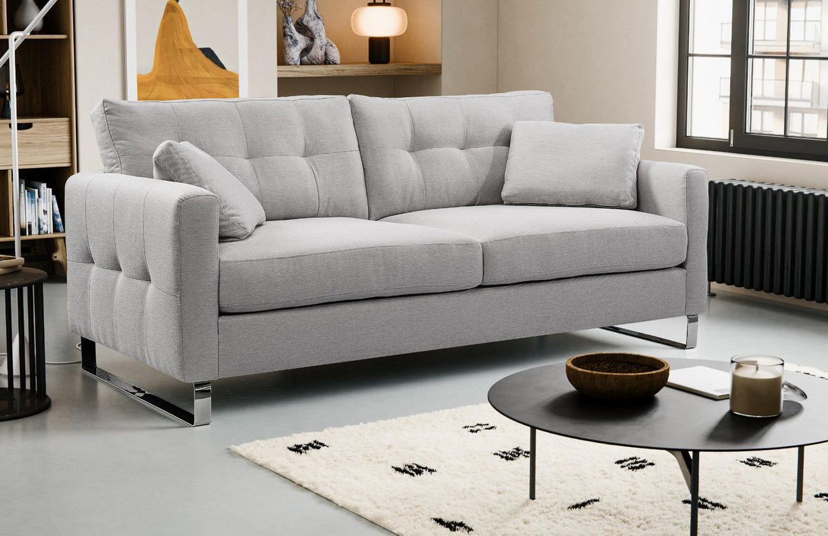 SOFA hellgrau Flachgewebe 2,5-Sitzer 203 cm, Couch mit Steppoptik - Chromfarben/Hellgrau, Holz/Textil (203/92/94cm) - Inn.Furn