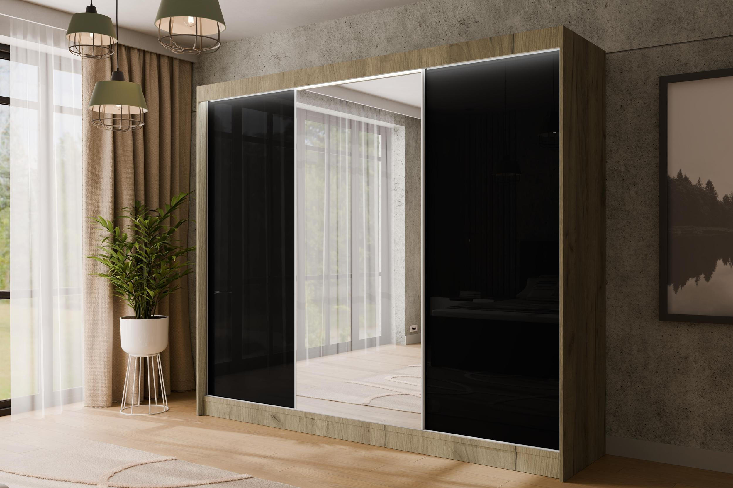 KLEIDERSCHRANK VESLI mit LED - 250 cm - Braun|Schwarz - Schwarz/Braun, Holzwerkstoff (250/215/61cm) - ALTDECOR